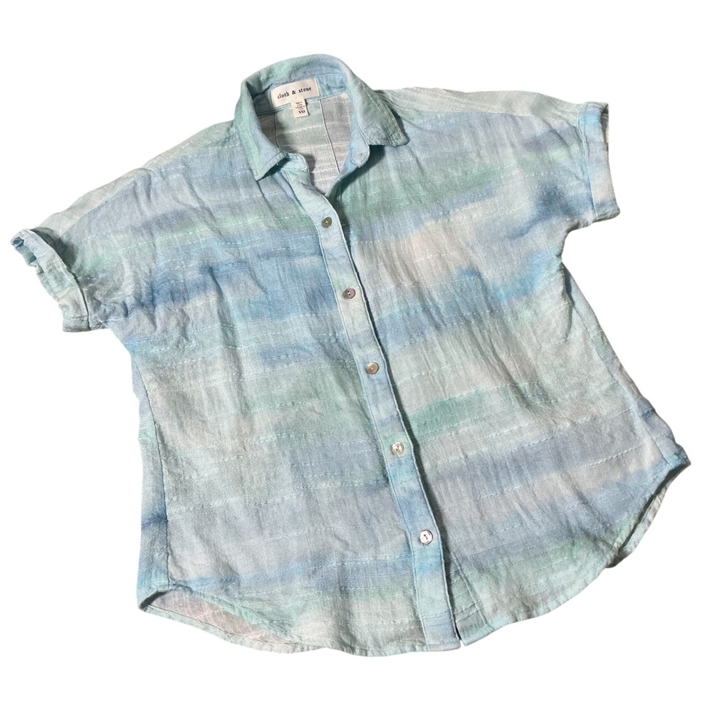 Cloth & Stone Watercolor Stripe Button Down Women XXS Blue Short Sleeve C1177